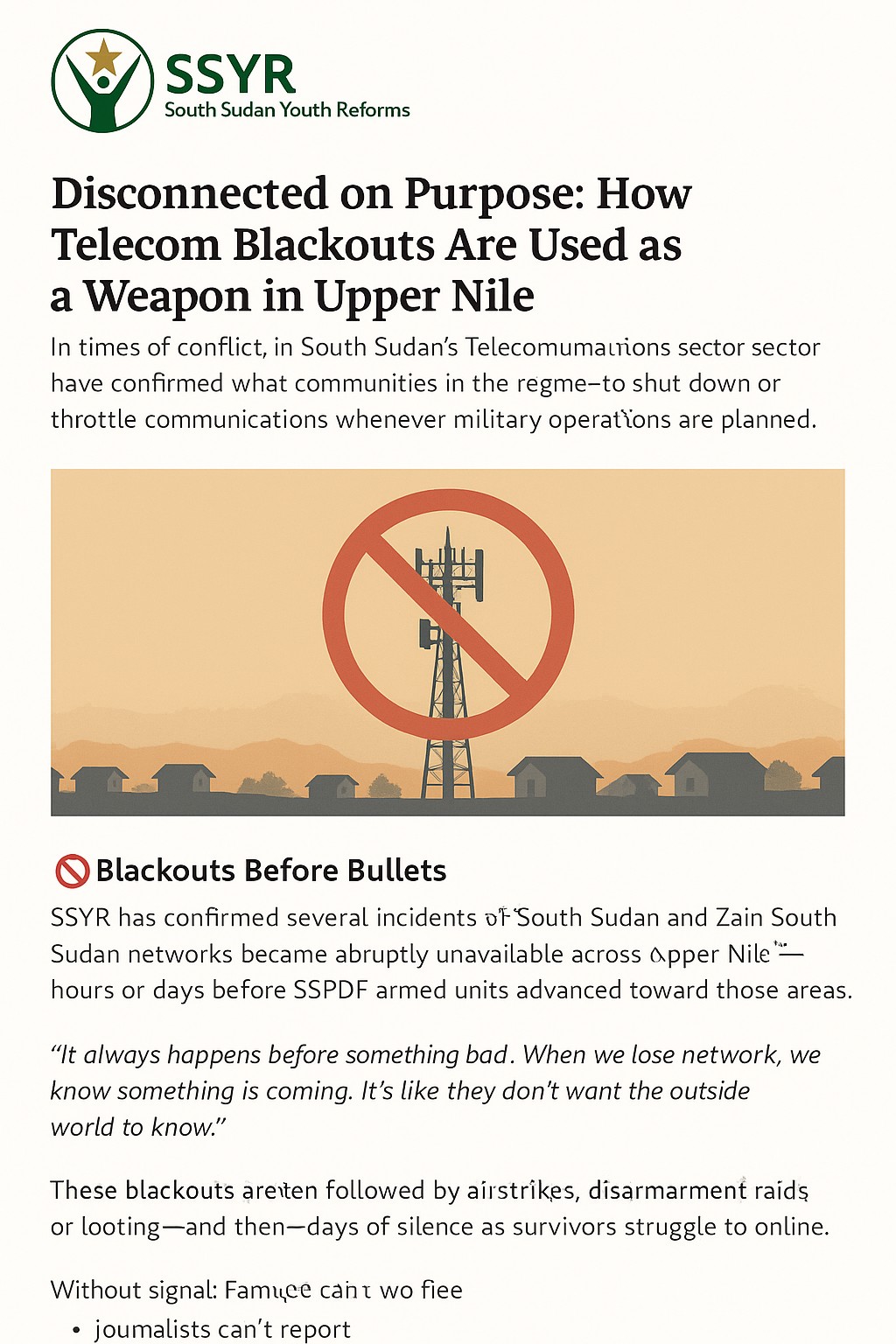 Telecom Blackouts in Upper Nile